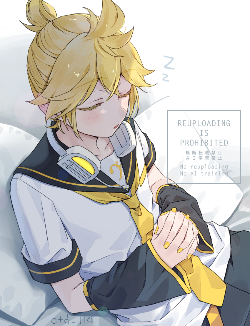 1boy arm_warmers artist_name black_sailor_collar black_shorts blonde_hair blush closed_eyes commentary cowboy_shot ctd_114 headphones headphones_around_neck highres kagamine_len lying male_focus nail_polish necktie on_stomach open_mouth own_hands_together sailor_collar shirt short_hair short_sleeves shorts sleeping solo symbol-only_commentary vocaloid watermark white_background white_shirt yellow_nails yellow_necktie zzz