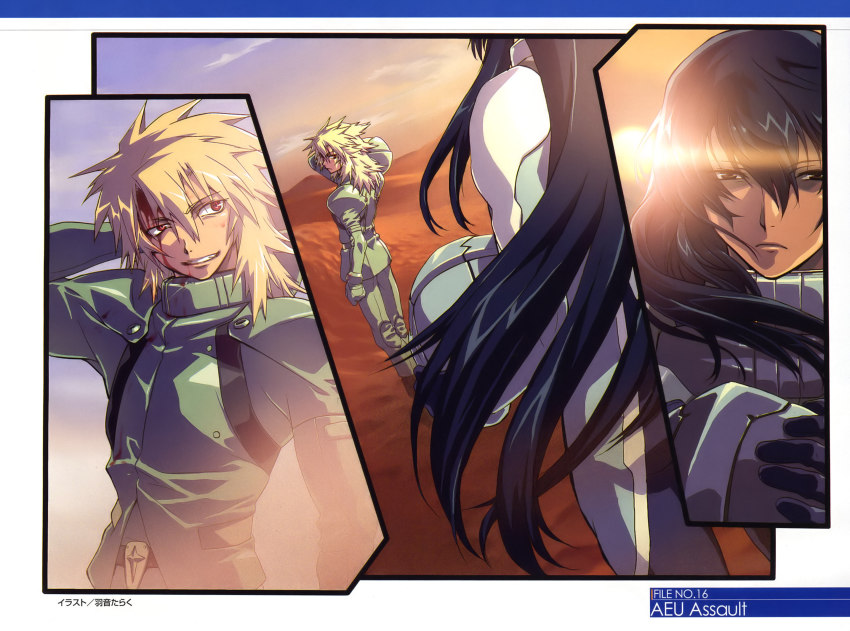 00s 2boys black_hair blonde_hair blood blood_on_face fon_spaak fon_spark grave_violento gundam gundam_00 gundam_00f gundam_00p highres long_hair male_focus multiple_boys red_eyes