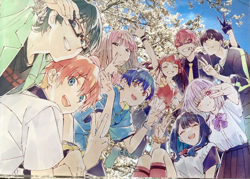 4girls 5boys asanaka_yomogi asukagawa_chise black_gloves black_hair blue_eyes blue_hair boots brown_hair cherry_blossoms facial_scar formal_clothes gauma glasses gloves green_eyes green_hair gridman_universe gridman_universe_(movie) grin haha8860658 hibiki_yuuta highres midriff minami_yume mole mole_under_mouth multiple_boys multiple_girls navel neckerchief one_eye_closed orange_eyes pleated_skirt purple_eyes purple_hair red_hair scar scar_on_cheek scar_on_face scar_on_hand scrunchie shinjou_akane shirt skirt smile suit sunglasses sweater_vest takarada_rikka twintails utsumi_shou v watch white_shirt wrist_scrunchie wristband wristwatch yamanaka_koyomi yellow_neckerchief