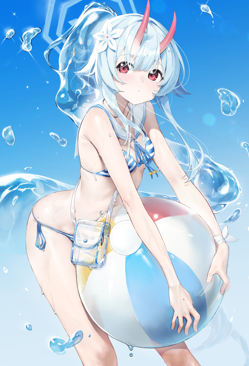 1girl absurdres ball beachball bikini blue_archive blue_hair blue_halo blue_sky blush camisole chise_(blue_archive) chise_(swimsuit)_(blue_archive) commentary flower gradient_horns hair_flower hair_ornament halo highres holding holding_ball holding_beachball horns long_hair looking_at_viewer loose_bikini multicolored_horns not_forever2w official_alternate_costume official_alternate_hairstyle oni open_mouth red_eyes red_horns revision sailor_bikini sailor_collar see-through_camisole see-through_clothes side-tie_bikini_bottom side_ponytail skin-covered_horns sky solo striped_bikini striped_clothes swimsuit white_sailor_collar