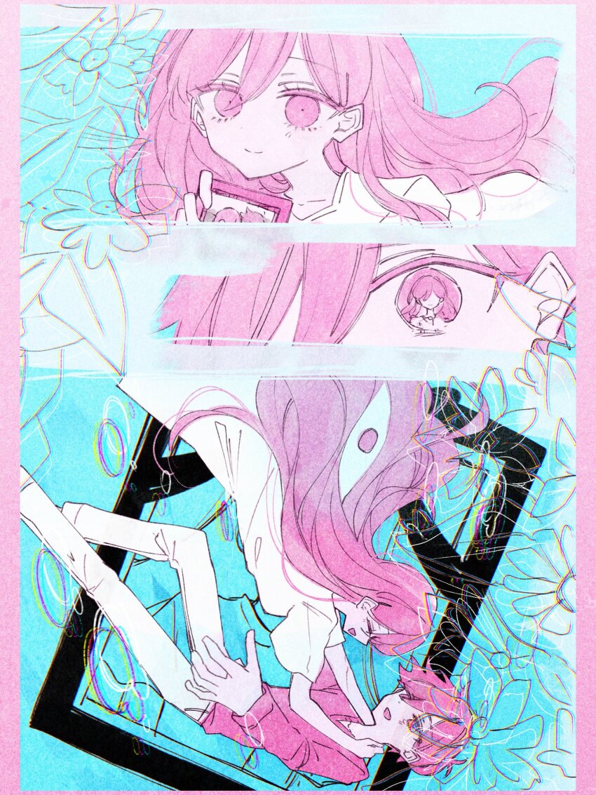 1boy 1girl antenna_hair closed_eyes closed_mouth dress hanabata0320 hero_(faraway)_(omori) hero_(omori) highres limited_palette long_hair long_sleeves looking_at_another mari_(omori) mari_(spirit)_(omori) omori open_mouth pants short_hair short_sleeves smile something_(omori) spoilers sweater