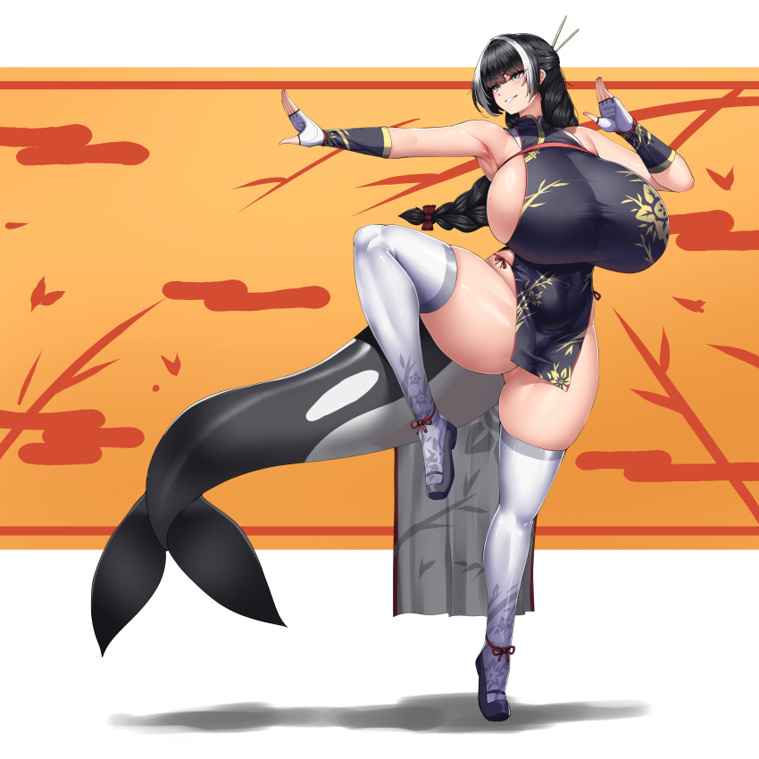 1girl absurdres alcyone_(last_origin) armpits ballet_slippers black_hair blue_eyes blush bow braid breasts cetacean_tail china_dress chinese_clothes cho!cho! detached_sleeves dress fingerless_gloves fins fish_tail floral_print floral_print_thighhighs gloves grey_thighhighs hair_bow hair_ornament hair_stick highres huge_breasts last_origin martial_arts multicolored_hair orca_girl panties red_panties revealing_clothes side-tie_panties sideboob sideless_dress sideless_outfit skindentation smile solo standing standing_on_one_leg tail thick_thighs thighhighs thighs two-tone_hair underwear whale_girl white_gloves white_hair