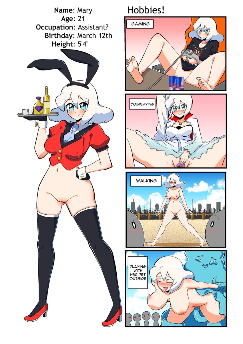 1girl acefish animal_ear_hairband animal_ears barefoot black_gloves black_thighhighs blue_eyes blue_tentacles blush breasts can chair character_request closed_eyes consensual_tentacles controller cosplay covering_privates dildo drink_can exhibitionism fake_animal_ears feet feet_on_table game_controller gloves hair_between_eyes hairband hand_on_own_hip high_heels highres holding holding_plate large_breasts legs_up leotard mary_(acefish) multiple_views navel nipples no_panties nontraditional_playboy_bunny on_chair original plate playboy_bunny public_indecency public_nudity pussy rabbit_ears red_bull red_heels red_shirt sex sex_toy shirt sitting smile soda_can spread_legs tentacle_sex tentacles thighhighs thighs tongue tongue_out white_hair wrist_cuffs