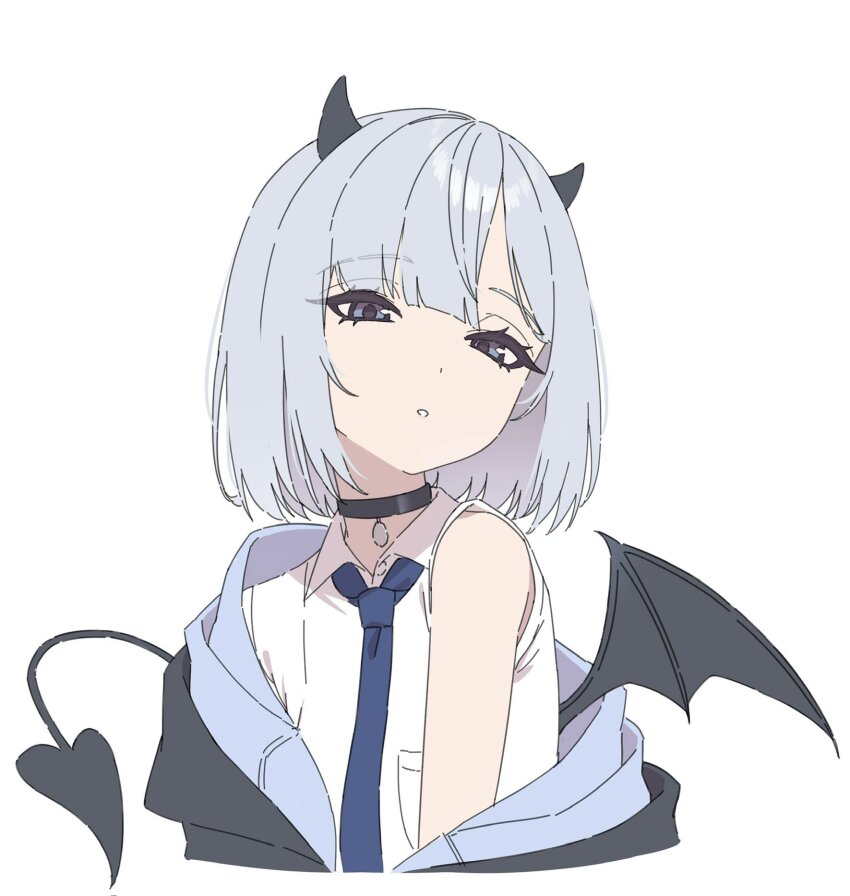 1girl black_choker blue_eyes blue_necktie choker commentary_request cropped_torso demon_tail demon_wings grey_hair highres horns jacket kaga_sumire looking_at_viewer necktie open_clothes open_jacket open_mouth roridaitouryou shirt simple_background solo tail virtual_youtuber vspo! white_background white_shirt wings
