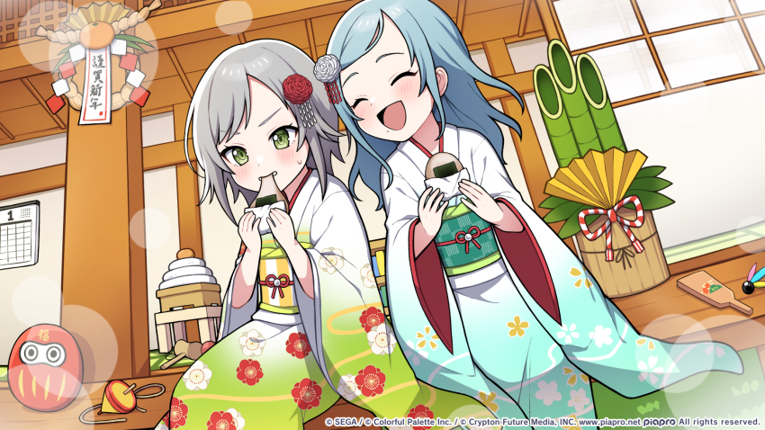2girls :d blue_hair blush calendar_(object) closed_eyes commentary_request copyright_name daruma_doll floral_print flower food green_eyes green_kimono grey_hair hagoita hair_flower hair_ornament hane_(hanetsuki) highres hinomori_shiho hinomori_shizuku holding holding_food japanese_clothes kadomatsu kimono kine light_blue_hair long_hair mallet miz_(mizillustration) mochi mole mole_under_mouth multiple_girls new_year obi official_art on_floor open_mouth paddle partial_commentary project_sekai sash shimekazari short_hair siblings sisters sitting smile spinning_top swept_bangs tareme tsurime veranda wooden_floor