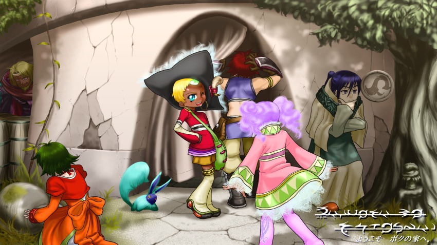 00s 3boys 3girls bare_shoulders barrel beard belt blonde_hair blue_eyes blue_hair boots boro cape chat_(tales) choker coat creature dark_skin dress earrings facial_hair farah_oersted fog_(tales) gloves green_hair hat highres jewelry keele_zeibel looking_at_viewer looking_back meredy_(tales) midriff multiple_boys multiple_girls one_eye_closed open_mouth outdoors pants ponytail purple_eyes purple_hair quickie_(tales) red_hair reid_hershel robe short_hair shorts smile tales_of_(series) tales_of_eternia tree twintails wink
