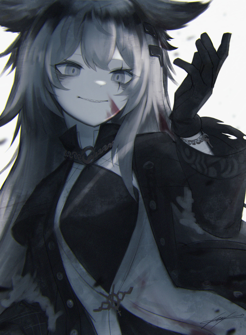 1girl animal_ears arknights black_coat black_gloves black_shirt blood blood_in_hair blood_on_face coat commentary_request dot_nose film_grain gloves grey_eyes hair_between_eyes hair_ornament hand_up highres lappland_(arknights) lappland_(refined_horrormare)_(arknights) long_hair looking_at_viewer open_clothes open_coat popped_collar scar scar_across_eye scar_on_face sharp_teeth shirt simple_background solo sutorobo72 teeth torn_clothes unbuttoned upper_body white_background wolf_ears wolf_girl