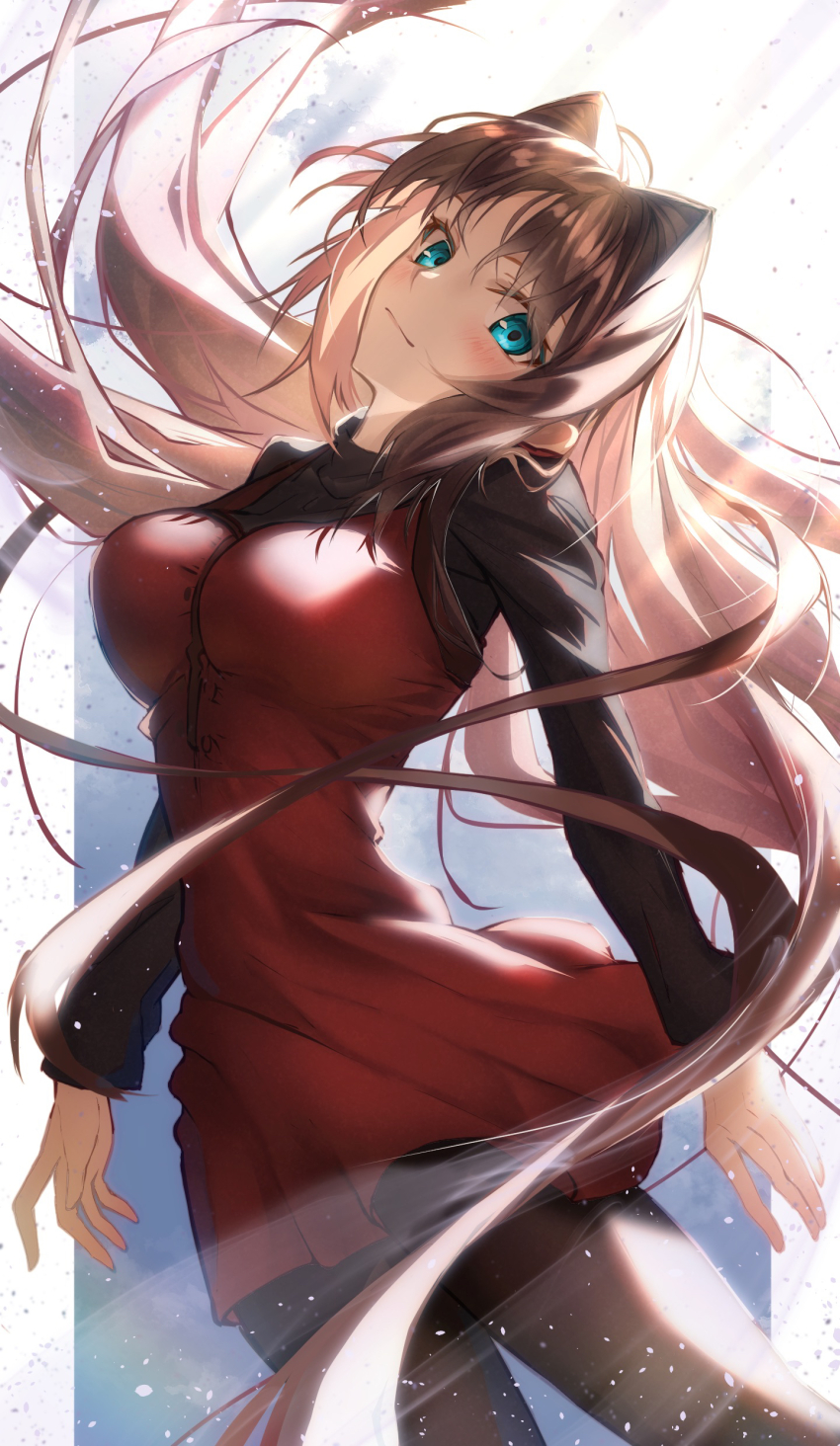 1girl absurdres aozaki_aoko blush breasts brown_hair brown_pantyhose brown_sweater closed_mouth dress floating_hair hair_intakes head_tilt highres long_hair long_sleeves looking_at_viewer mahou_tsukai_no_yoru medium_breasts pantyhose red_dress smile solo sweater toomishou turtleneck turtleneck_sweater