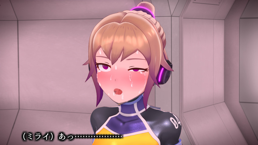 1girl 3d agent_mirai ahegao blender_(medium) blush bodysuit brown_hair crying crying_with_eyes_open headphones highres mirai_(agent_mirai) open_mouth ponytail purple_eyes rolling_eyes saliva skin_tight solo sweat tears umaaji_lady_mk2