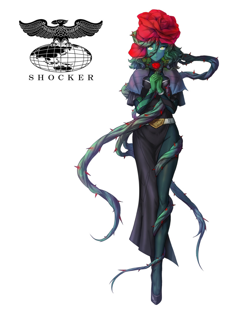 1girl bararanga belt belt_buckle black_dress black_footwear buckle colored_skin commentary cyborg dress eidenjyou1997 english_commentary flower green_hair green_skin grey_belt highres holding holding_flower kamen_rider kamen_rider_(1st_series) logo monster_girl own_hands_clasped own_hands_together plant plant_girl plant_hair red_flower red_rose rose shocker_(kamen_rider) side_slit simple_background solo thorns vines white_background yellow_eyes