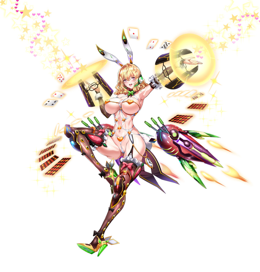 1girl absurdres ace_(playing_card) ace_of_diamonds animal_ears blonde_hair breasts card chinese_commentary covered_navel diamond_(shape) eight_of_clubs fake_animal_ears fishnet_thighhighs fishnets floating four_of_spades full_body high_heels highres large_breasts leotard long_hair looking_at_viewer magic open_mouth original outstretched_arm playboy_bunny playing_card purple_eyes q_azieru rabbit_ears revealing_clothes seven_of_hearts shoes simple_background solo standing standing_on_one_leg star_(symbol) thighhighs transparent_background two_of_diamonds two_of_hearts variant_set yellow_shoes