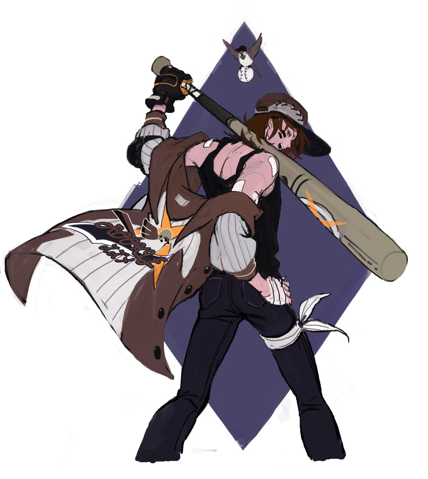 1boy ball bandage_on_thigh bandaged_hand bandages bandaid bandaid_on_arm bandaid_on_shoulder bare_shoulders baseball baseball_(object) baseball_bat baseball_cap baseball_glove bird black_pants black_tank_top brown_hair brown_hat brown_jacket clothes_pull commentary cowboy_shot english_commentary facial_mark from_behind hand_on_own_hip hat highres holding holding_baseball_bat jacket jacket_pull looking_back male_focus medium_hair open_mouth original pants print_jacket purple_background smile solo tank_top teeth toned toned_male upper_teeth_only ven0305 white_background