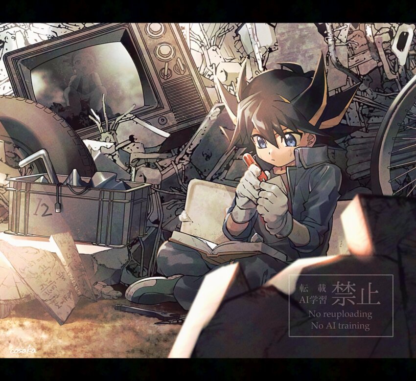 2boys black_hair blonde_hair blue_jacket book crow_hogan fudo_yusei gloves jacket junk lunapont male_focus medium_hair multicolored_hair multiple_boys reading reflection sitting solo_focus spiked_hair streaked_hair two-tone_hair watermark white_gloves yu-gi-oh! yu-gi-oh!_5d&#039;s