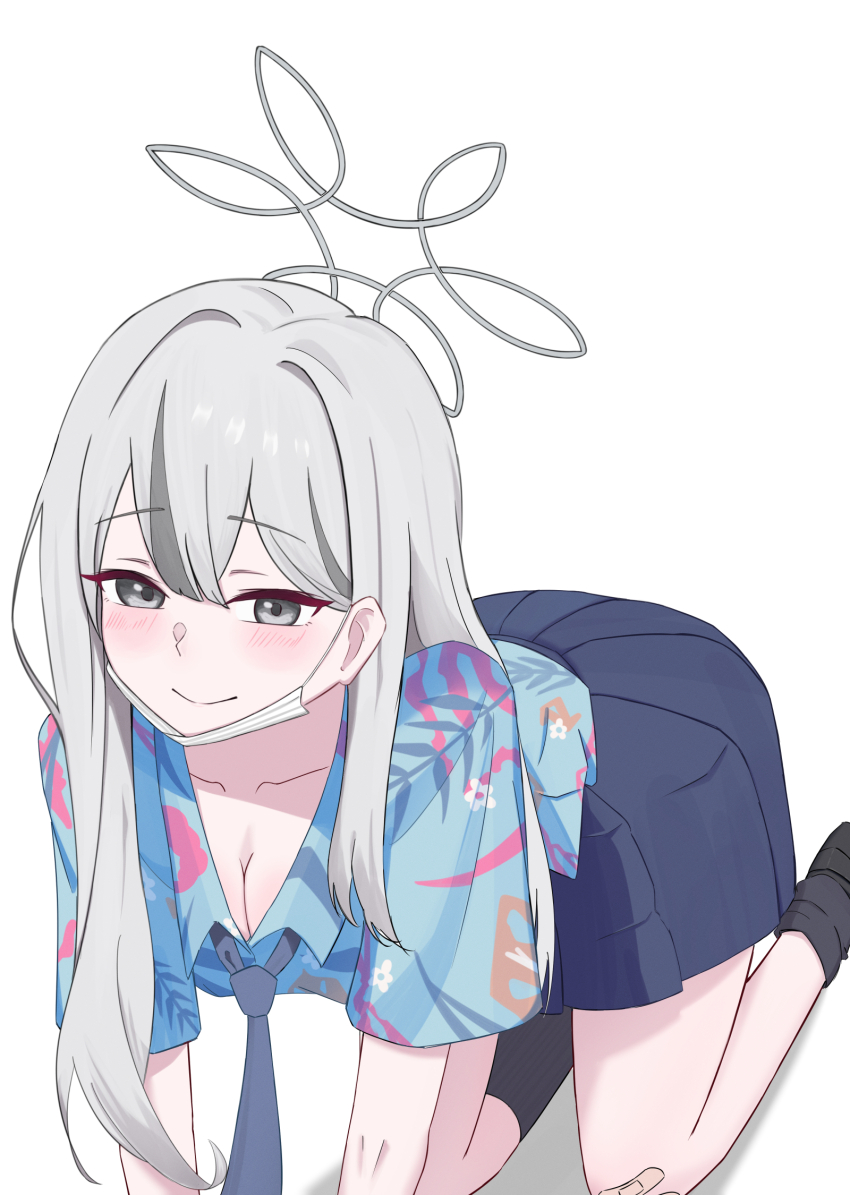 1girl all_fours bandaid bandaid_on_knee bandaid_on_leg black_necktie black_skirt black_socks blue_archive blue_shirt blush breasts cleavage closed_mouth collared_shirt commentary dere_mono_j green_halo grey_eyes grey_hair hair_between_eyes hair_intakes halo hawaiian_shirt highres konoka_(blue_archive) large_breasts long_hair looking_at_viewer mask mask_pull mouth_mask necktie pleated_skirt shirt short_sleeves simple_background skirt smile socks solo split_mouth straight_hair tsurime white_background