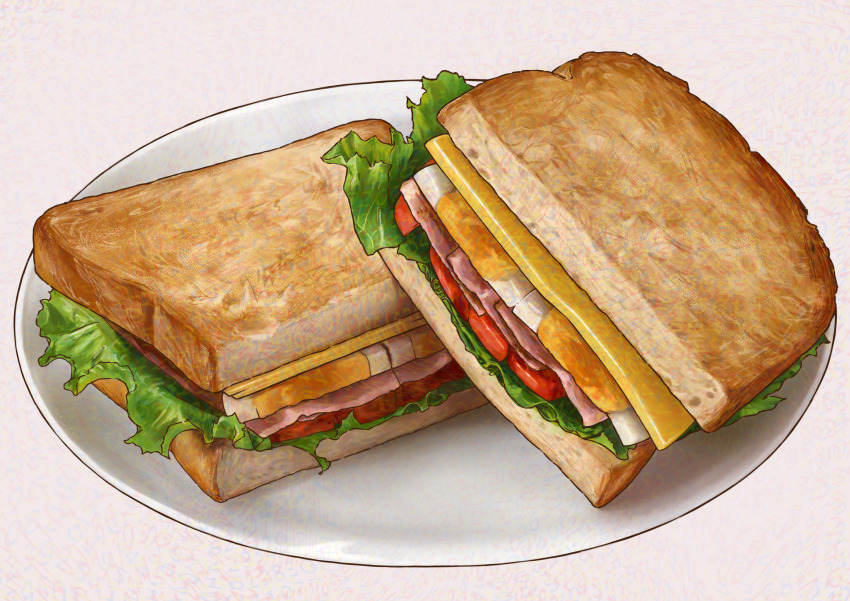absurdres cheese commentary_request egg_(food) food food_focus ham highres no_humans original plate sandwich still_life tomato tomato_slice zukkiy