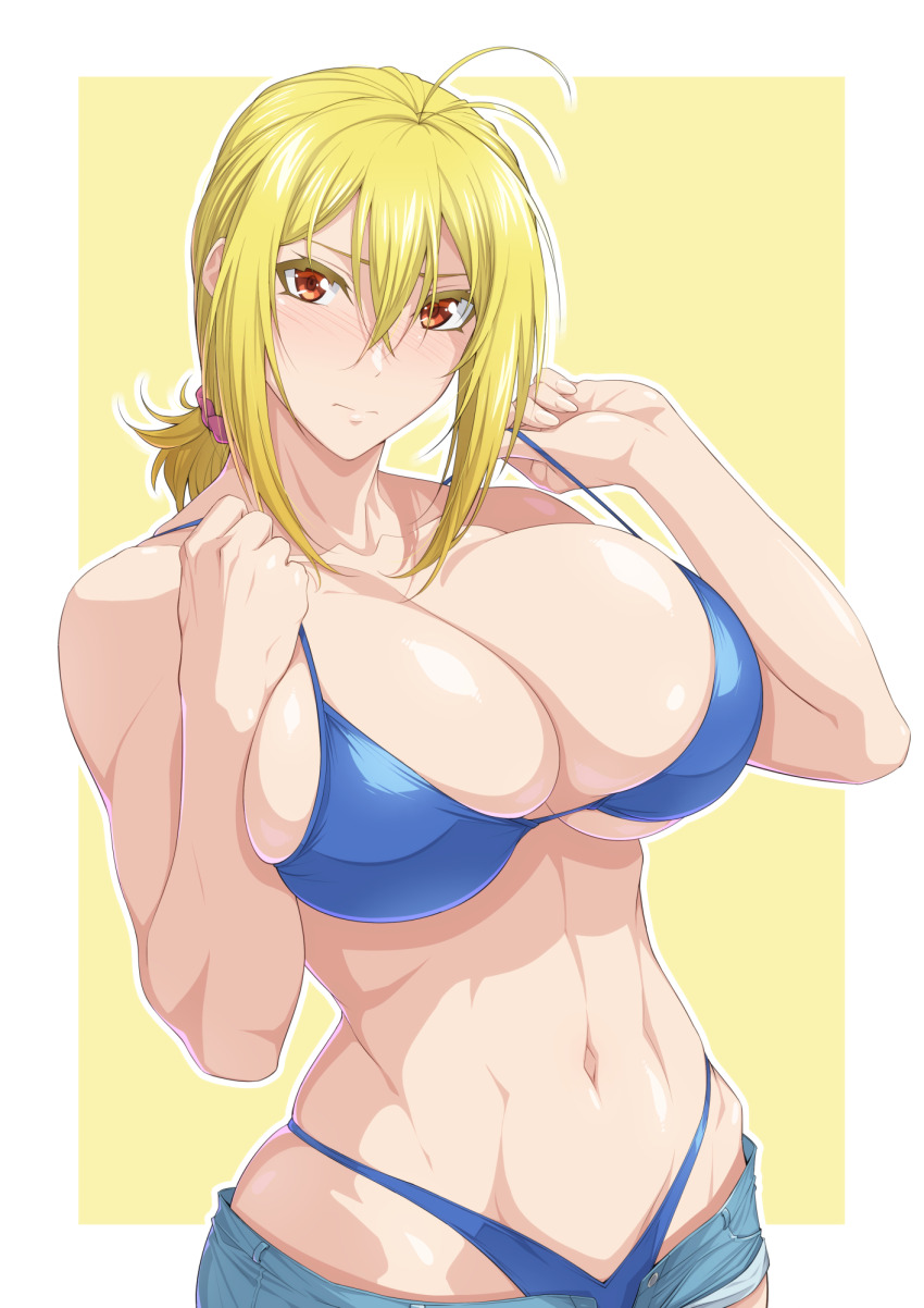 1girl antenna_hair aoba_tsukuyo bare_shoulders bikini blonde_hair blue_bikini blush breasts cleavage closed_mouth collarbone commentary_request cowboy_shot denim denim_shorts hair_between_eyes hands_up highleg highleg_bikini highres large_breasts looking_at_viewer medium_hair navel open_fly ozaneko ponytail red_eyes short_shorts shorts skindentation solo standing stomach swimsuit teeth temple_(series) toned toned_female yellow_background