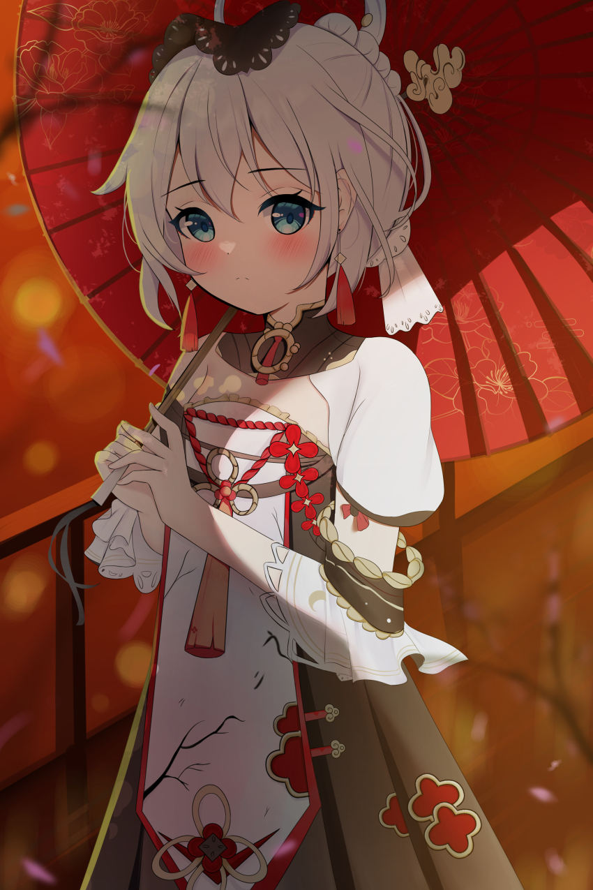1girl absurdres black_dress blue_eyes blurry blurry_background blurry_foreground blush branch closed_mouth commentary depth_of_field dress english_commentary floral_print grey_hair hair_between_eyes highres holding holding_umbrella honkai_(series) honkai_impact_3rd knosdeba looking_at_viewer oil-paper_umbrella petals print_umbrella railing red_umbrella short_sleeves solo theresa_apocalypse umbrella zhuge_kongming_(herald_of_spring)_(honkai_impact) zhuge_kongming_(honkai_impact)
