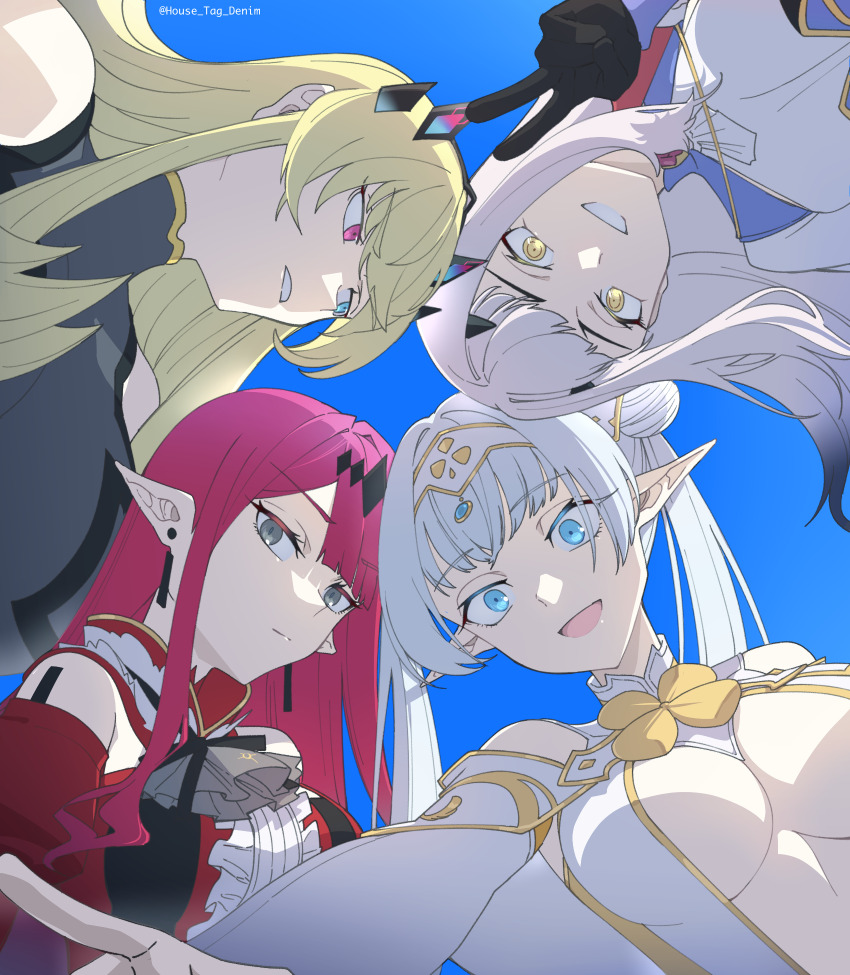 4girls baobhan_sith_(fate) baobhan_sith_(first_ascension)_(fate) bare_shoulders barghest_(fate) barghest_(second_ascension)_(fate) black_dress black_gloves blonde_hair blue_dress blue_eyes blue_sky breasts britomart_(fate) britomart_(second_ascension)_(fate) brown_eyes capelet center_frills center_opening cleavage detached_collar detached_sleeves double_bun dress earrings elbow_gloves fate/grand_order fate_(series) forked_eyebrows frills gloves gold_trim green_eyes grey_eyes grey_hair grin hair_bun hairband heterochromia highres horns house_tag_denim jewelry large_breasts long_hair long_sleeves looking_at_viewer melusine_(fate) melusine_(second_ascension)_(fate) multiple_girls open_mouth pink_hair pointy_ears red_dress red_eyes sidelocks sky small_breasts smile taut_clothes taut_dress tiara twintails very_long_hair white_capelet white_dress white_gloves white_hair