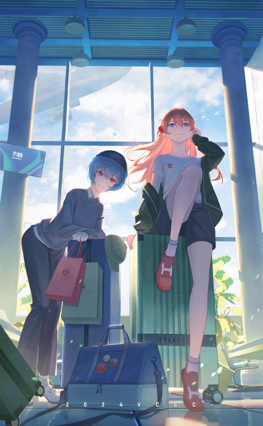 2024 2girls absurdres aircraft airplane airport ankle_socks arm_rest arm_support artist_name ayanami_rei backlighting bag bare_legs baseball_cap bent_over bird black_pants black_shorts blue_eyes blue_hair blue_sky brown_footwear character_name chinese_commentary clock cloud cloudy_sky commentary copyright_name crossed_bangs day digital_clock duffel_bag flat_screen_tv flock full_body green_hat green_jacket grey_sweater hair_between_eyes hand_on_own_head hanging_light hat heel_up highres holding holding_bag indoors jacket jacket_partially_removed jet_airliner knee_up light_particles light_smile long_hair long_sleeves looking_ahead looking_at_viewer multiple_girls neon_genesis_evangelion nostrils open_clothes open_jacket orange_hair pants pillar plant red_eyes rolling_suitcase shengkai167 shirt shoes shopping_bag short_hair shorts sitting sitting_on_object sky smile socks souryuu_asuka_langley suitcase sunlight sweater t-shirt television unworn_hat unworn_headwear white_footwear white_shirt white_socks window