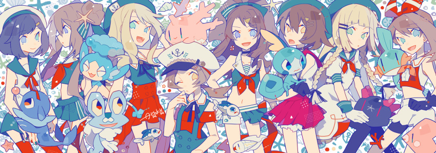 6+girls alternate_costume auko bare_shoulders black_gloves black_hair black_legwear blonde_hair bloomers blue_eyes blue_nails blue_ribbon blue_sailor_collar blue_skirt bob_cut bolo_tie braid brown_hair choker corsola crop_top detached_collar double_bun dress earrings froakie garter_straps gen_2_pokemon gen_3_pokemon gen_5_pokemon gen_6_pokemon gen_7_pokemon gen_8_pokemon gloria_(pokemon) gloves green_eyes hair_bun hair_ornament hair_ribbon hairclip hairpin hat heterochromia high-waist_skirt high_ponytail highres hilda_(pokemon) jewelry lillie_(pokemon) long_hair luvdisc lyra_(pokemon) may_(pokemon) midriff miniskirt mudkip multiple_girls nail_polish navel neckerchief nintendo no_headwear on_head one_eye_closed open_mouth orange_eyes overskirt panpour pantyhose pantyhose_under_shorts pleated_skirt pokemon pokemon_(creature) pokemon_bw pokemon_bw2 pokemon_hgss pokemon_on_head pokemon_oras pokemon_sm pokemon_swsh pokemon_xy ponytail popplio puffy_short_sleeves puffy_sleeves pyukumuku red_nails red_ribbon red_skirt ribbon rosa_(pokemon) sailor_collar sailor_dress sailor_hat selene_(pokemon) serena_(pokemon) shirt short_hair short_shorts short_sleeves shorts sidelocks skirt sleeveless sleeveless_shirt smile sobble swept_bangs thighhighs twin_braids twintails tynamo underwear very_long_hair white_bloomers white_gloves white_shorts wishiwashi wishiwashi_(solo)