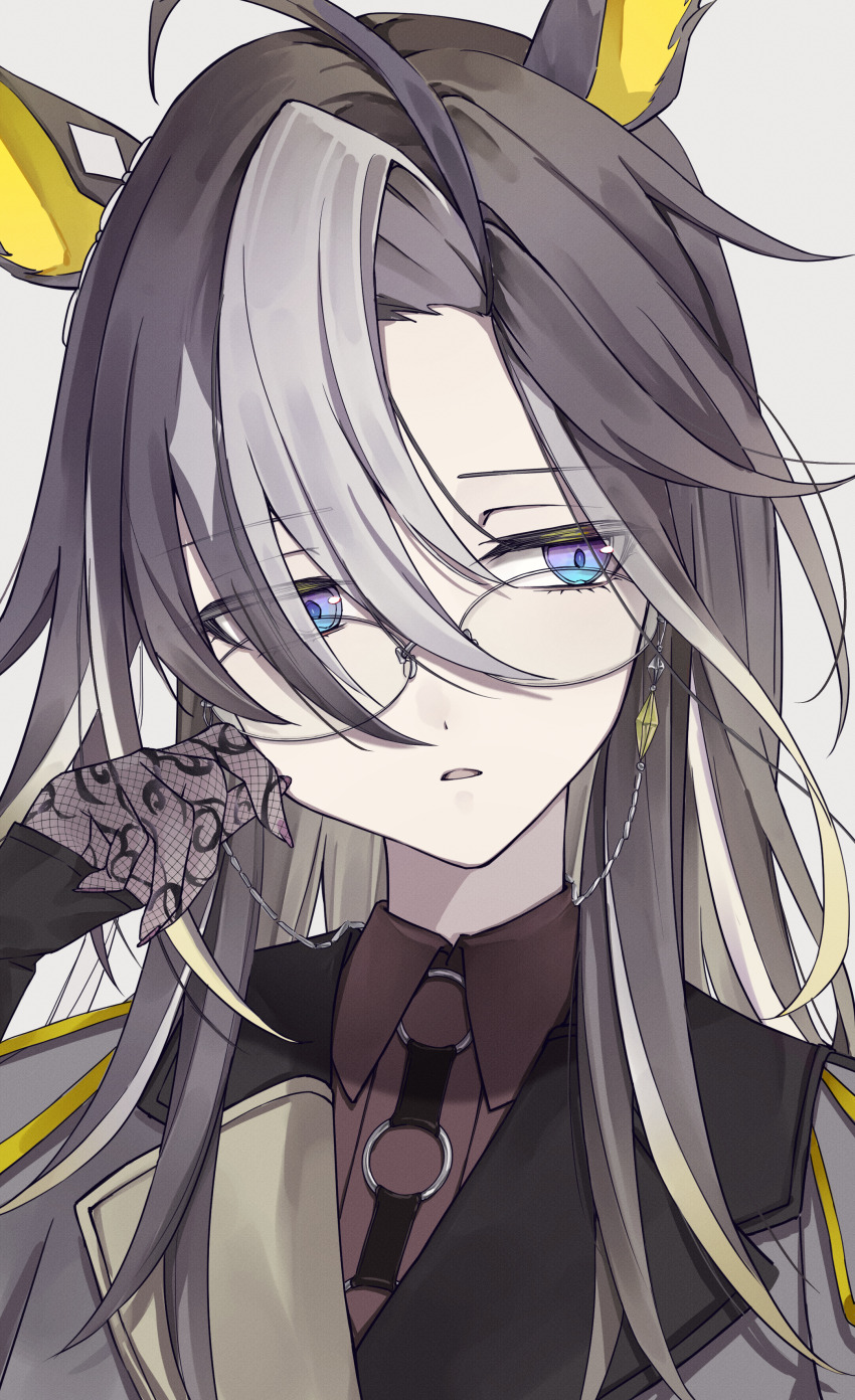 1girl absurdres ahoge animal_ears blonde_hair blue_eyes brown_hair dream_journey_(umamusume) ear_ornament eyewear_strap ezaki_hiyori fishnet_fabric glasses hair_between_eyes hair_over_one_eye hand_on_own_cheek hand_on_own_face hand_up highres horse_ears horse_girl lace lace_sleeves long_hair multicolored_hair open_mouth simple_background single_hair_intake solo umamusume white_background white_hair
