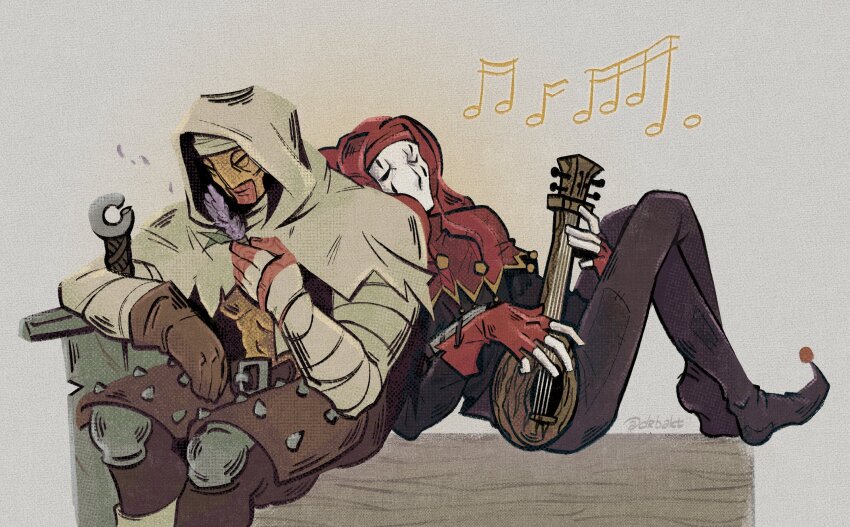 2boys armor bandaged_arm bandaged_hand bandages black_pants breastplate brown_gloves brown_pants cape closed_eyes closed_mouth crossed_legs darkest_dungeon drbakt film_grain flower gloves half_mask hat highres holding holding_flower holding_instrument hood hood_up hooded_cape instrument jester_(darkest_dungeon) jester_cap jester_shoes knees_up lavender_(flower) leaning leaning_on_person leather_armor leper_(darkest_dungeon) lute_(instrument) male_focus mask multiple_boys music musical_note pants partially_fingerless_gloves patchwork_clothes plant playing playing_instrument red_gloves red_shawl shawl single_glove sitting smile spiked_armor sword twitter_username weapon white_cape white_hood white_mask