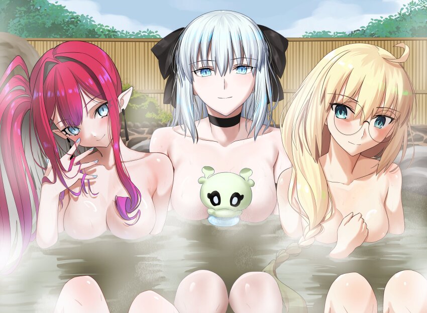 3girls absurdres aesc_(fate) baobhan_sith_(fate) blonde_hair blue_eyes breasts collarbone fate/grand_order fate_(series) glasses grey_hair group_picture highres large_breasts long_hair longdq3008 medium_breasts morgan_le_fay_(fate) multiple_girls nude onsen partially_submerged pointy_ears red_hair round_eyewear side_ponytail steam