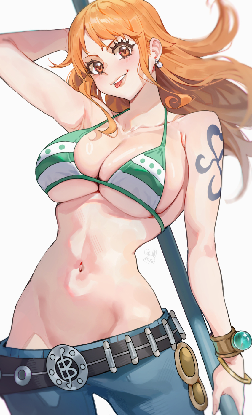 1girl absurdres arm_tattoo arm_up armpit_crease bangle belt bikini black_belt blue_pants blush blushing_female bracelet breasts brown_eyes celyn404 cleavage clima-tact collarbone curvy earrings floating_hair full_body gold_bracelet green_bikini highres holding holding_staff jewelry large_breasts log_pose long_hair nami_(one_piece) nami_(one_piece)_(return_to_sabaody) navel one_piece orange_hair pants parted_lips pearl_earrings shiny_skin shoulder_tattoo solo staff stomach swimsuit tattoo tongue tongue_out wavy_hair wide_hips