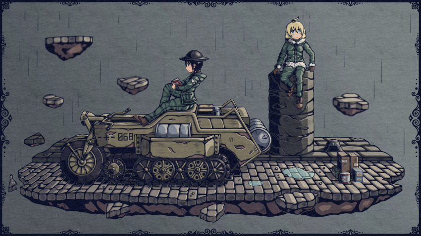 2girls absurdres black_eyes black_hair blonde_hair blue_eyes book brodie_helmet broken_ground brown_footwear chito_(shoujo_shuumatsu_ryokou) coat cobblestone combat_helmet drum_(container) fur-trimmed_coat fur_trim green_coat green_jacket green_pants grey_background helmet highres jacket kettenkrad leg_up military military_uniform military_vehicle monsoonmichael multiple_girls no_headwear pants pillar shoujo_shuumatsu_ryokou sitting stahlhelm yuuri_(shoujo_shuumatsu_ryokou)