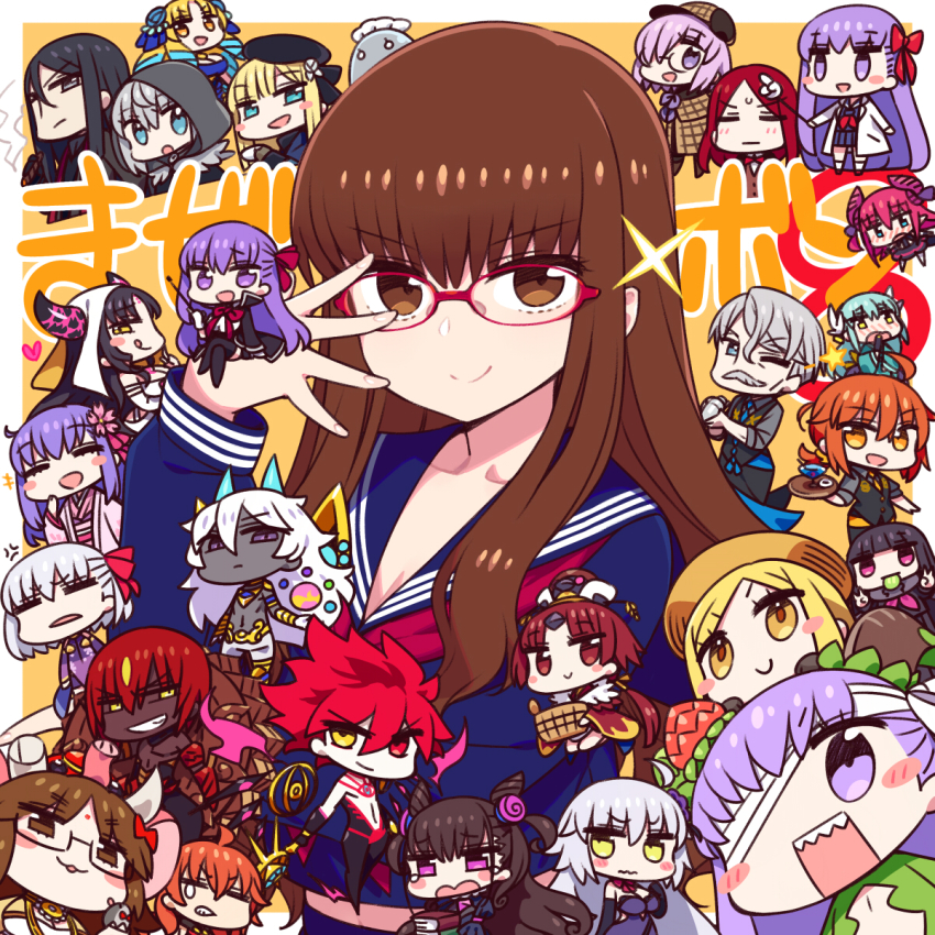 6+girls annoyed arjuna_(fate) arjuna_alter_(fate) ashwatthama_(fate) astraea_(fate) bb_(fate) bb_(fate/extra) beni-enma black_hair blonde_hair blue_eyes blue_hair blush brown_eyes brown_hair chan_co chibi closed_eyes cocktail_glass crossed_legs cup drinking_glass elizabeth_bathory_(fate) elizabeth_bathory_(fate/extra) elizabeth_bathory_(first_ascension)_(fate) embarrassed fate/apocrypha fate/extra fate/extra_ccc fate/grand_order fate_(series) flower fujimaru_ritsuka_(female) ganesha_(fate) glasses gray_(fate) grey_eyes grey_hair hair_flower hair_ornament hair_ribbon heterochromia highres horns james_moriarty_(archer)_(fate) james_moriarty_(gray_collar)_(fate) jeanne_d&#039;arc_(fate) jeanne_d&#039;arc_alter_(avenger)_(fate) jeanne_d&#039;arc_alter_(fate) jinako_carigiri kama_(fate) karna_(fate) kasuga_no_tsubone_(fate) kingprotea_(fate) kishinami_hakuno_(female) kiyohime_(fate) lab_coat looking_at_viewer lord_el-melloi_ii lord_el-melloi_ii_case_files luviagelita_edelfelt mash_kyrielight matou_sakura matou_sakura_(fate/extra) multiple_boys multiple_girls murasaki_shikibu_(fate) official_alternate_costume one_eye_closed orange_background orange_eyes orange_hair oryou_(fate) parvati_(fate) paul_bunyan_(fate) pink_eyes purple_eyes purple_hair rama_(fate) red_eyes red_hair reines_el-melloi_archisorte ribbon school_uniform sessyoin_kiara smile smug tears trimmau_(fate) tristan_(fate) v waver_velvet white_hair yellow_eyes