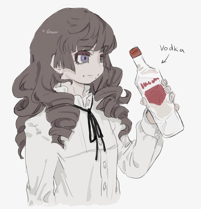 1girl alcohol arrow_(symbol) black_ribbon bottle brown_hair closed_mouth cropped_torso drill_hair fear_&amp;_hunger_(series) fear_&amp;_hunger_2:_termina frilled_shirt_collar frills highres holding holding_bottle long_hair long_sleeves marina_(fear_&amp;_hunger) mouth_piercing neck_ribbon pastramicerami purple_eyes quad_drills ribbon shirt simple_background solo vodka white_background white_shirt