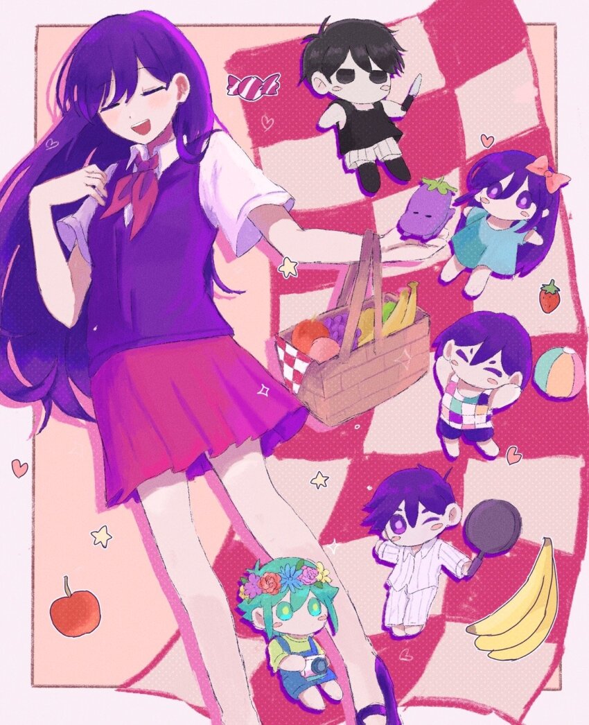 1girl apple aubrey_(headspace)_(omori) aubrey_(omori) banana basil_(headspace)_(omori) basil_(omori) black_footwear character_doll closed_eyes collared_shirt dy4746505 food fruit hero_(headspace)_(omori) hero_(omori) highres holding_picnic_basket kel_(headspace)_(omori) kel_(omori) long_hair mari_(headspace)_(omori) mari_(omori) mr._plantegg_(omori) neckerchief omori omori_(omori) open_mouth picnic_basket picnic_blanket purple_hair purple_sweater_vest red_neckerchief red_skirt shirt short_sleeves skirt smile solo sweater_vest teeth upper_teeth_only white_shirt