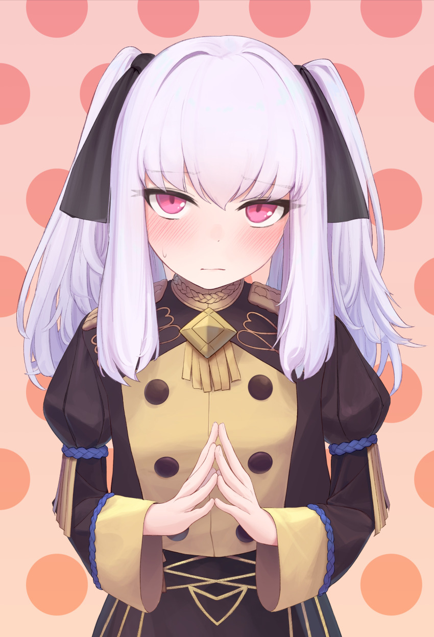 1girl absurdres alternate_hairstyle black_ribbon blush buttons closed_mouth dokon fire_emblem fire_emblem:_three_houses garreg_mach_monastery_uniform hair_between_eyes hair_ribbon highres juliet_sleeves long_hair long_sleeves lysithea_von_ordelia nintendo own_hands_together pink_eyes puffy_sleeves ribbon solo sweatdrop twintails white_hair