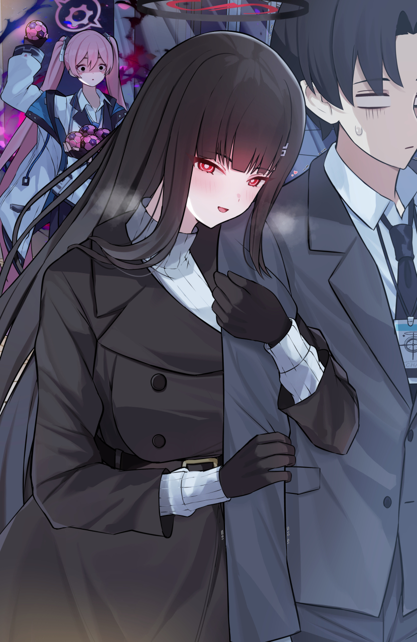 1boy 2girls absurdres arm_hug aura black_coat black_hair blue_archive blunt_bangs blush bomb coat cowboy_shot dark_aura explosive formal_clothes grey_suit halo highres holding holding_bomb id_card jealous koyuki_(blue_archive) mi_taro333 multiple_girls necktie pink_hair rio_(blue_archive) sensei_(blue_archive) sensei_(blue_archive_the_animation) shaded_face smile solo_focus suit sweater twintails white_sweater
