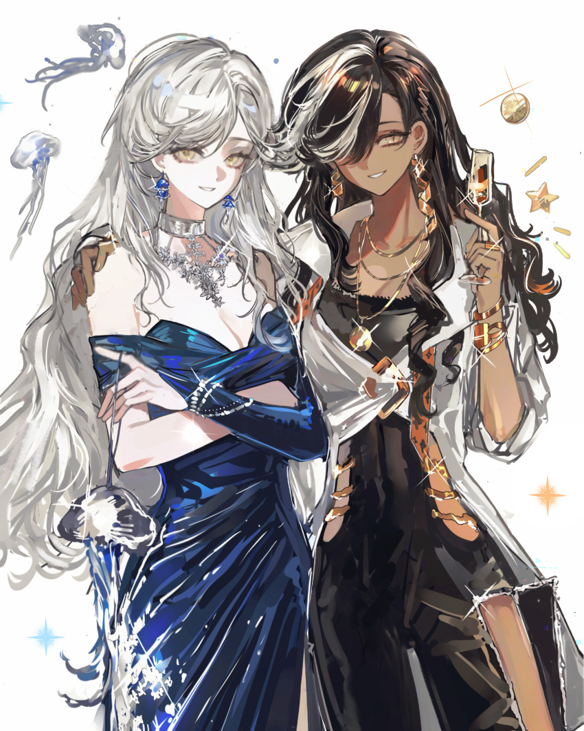 2girls absurdres alcohol bare_shoulders black_hair blue_bridal_gauntlets blue_dress bracelet breasts bridal_gauntlets centurion_(reverse:1999) champagne champagne_flute cleavage coin cowboy_shot crossed_arms cup dark-skinned_female dark_skin dress drinking_glass eternity_(reverse:1999) grin hair_over_one_eye hand_on_another&#039;s_shoulder hand_up highres holding holding_cup jellyfish jewelry long_hair looking_at_viewer multicolored_hair multiple_girls necklace off-shoulder_dress off_shoulder one_eye_covered reverse:1999 shirt side-by-side single_bridal_gauntlet smile star_(symbol) streaked_hair weiyan_(nbnbmwnl) white_background white_hair white_shirt yellow_eyes