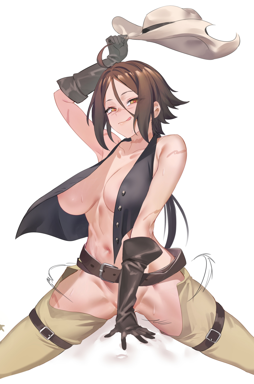1girl :p absurdres ahoge belt blush breasts brown_belt chaps convenient_censoring cowboy_hat cowgirl_position das_(dan_dan) elbow_gloves fate/grand_order fate_(series) gloves hat heart heart-shaped_pupils highres holding holding_unworn_clothes holding_unworn_hat large_breasts navel nipple_slip nipples open_clothes open_vest partially_visible_vulva scar scar_on_arm scar_on_face scar_on_leg scar_on_neck sexually_suggestive simple_background straddling sugitani_zenjubou_(fate) sweat symbol-shaped_pupils thigh_strap thighs tongue tongue_out unworn_hat unworn_headwear vest white_background