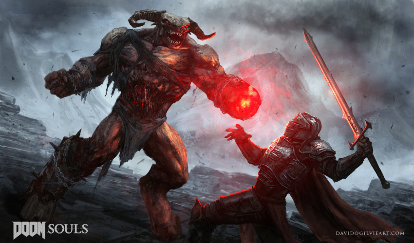 aiming arm_cannon armor breastplate cape chain clenched_hand copyright_name crossover cyberdemon dark_souls_(series) david_ogilvie demon demon_horns doom_(series) full_armor full_body gauntlets glowing glowing_eyes helmet highres holding holding_sword holding_weapon horns looking_at_another open_mouth outdoors pauldrons red_eyes sharp_teeth shoulder_armor standing sword teeth watermark weapon web_address