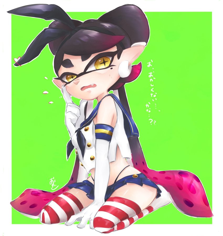 +_+ 1girl black_hair black_hairband black_panties callie_(splatoon) cosplay earrings elbow_gloves female_focus finger_to_cheek full_body gloves green_background hairband highleg highleg_panties highres inkling jewelry kantai_collection kneeling long_hair looking_at_viewer mask microskirt midriff mole mole_under_eye multicolored_hair nintendo okome_2g2g panties pleated_skirt purple_hair sailor_collar school_uniform serafuku shimakaze_(kancolle) shimakaze_(kancolle)_(cosplay) shirt skirt sleeveless solo striped_clothes striped_thighhighs tentacle_hair thighhighs underwear white_gloves yellow_eyes