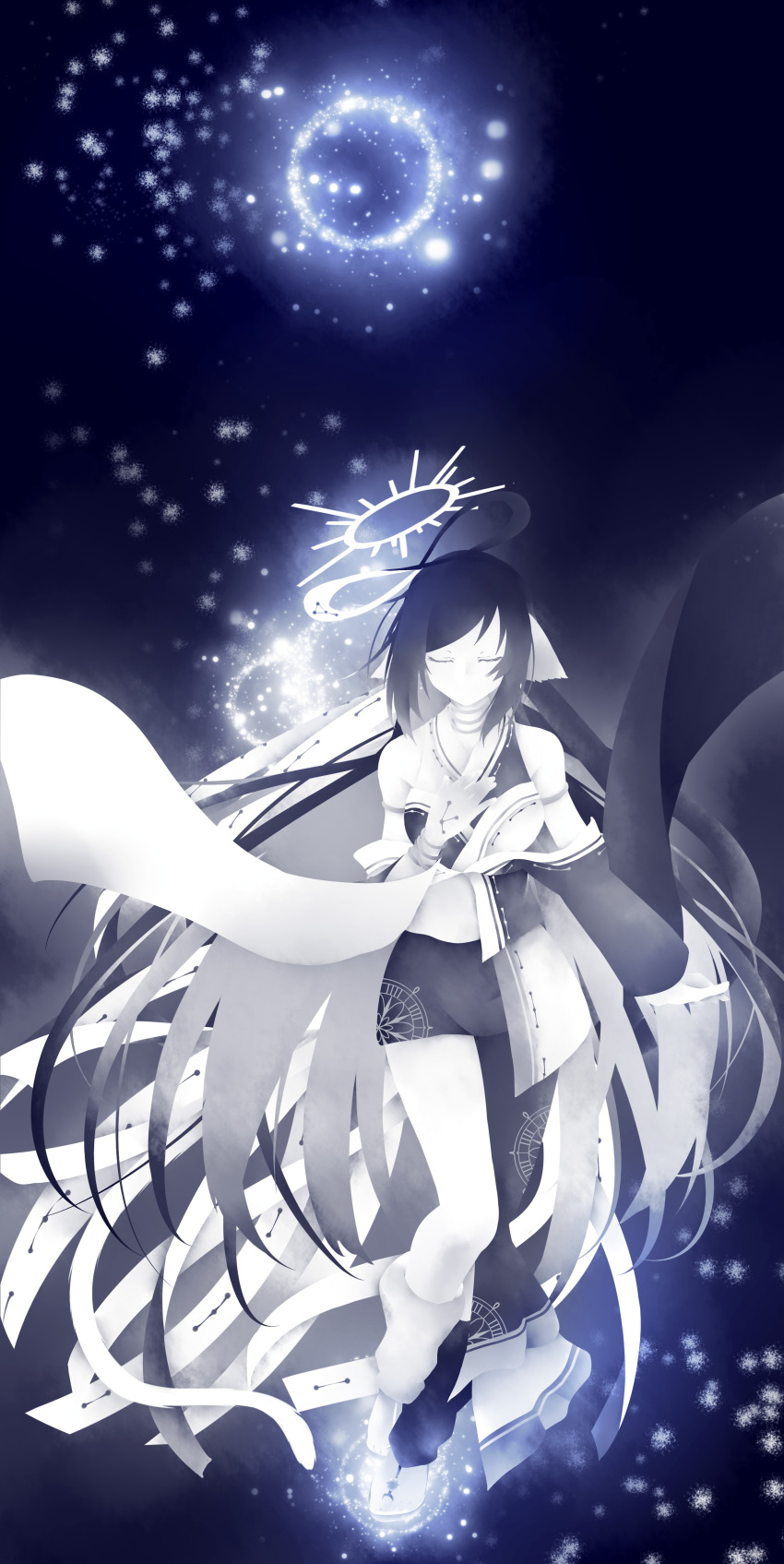 1girl absurdres animal_ears bare_legs bare_shoulders barefoot_sandals_(jewelry) black_background black_hair breasts breezefu00 cat_tail choker closed_eyes detached_sleeves greyscale hair_ribbon halo hand_on_own_chest highres jewelry kuon_(utawarerumono) large_breasts leg_warmers long_hair monochrome multicolored_hair nose off_shoulder ribbon sandals sidelocks simple_background sleeveless solo swept_bangs tail two-tone_hair utawarerumono utawarerumono:_lost_flag very_long_hair yukaura