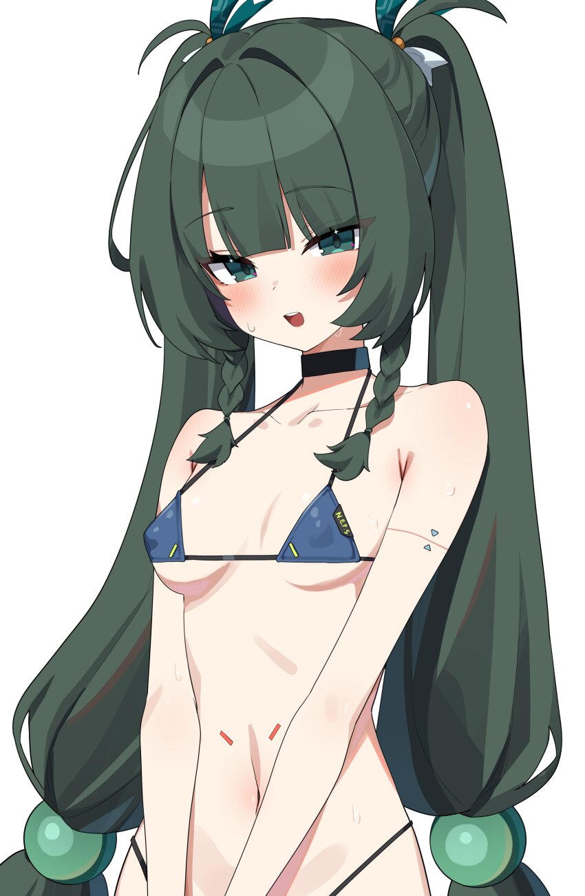 1girl absurdres bikini black_choker blue_bikini blush braid breasts choker collarbone covered_erect_nipples green_eyes green_hair hair_bobbles hair_ornament highres loli long_hair looking_at_viewer micro_bikini navel open_mouth qingyi_(zenless_zone_zero) simple_background small_breasts smile solo sweat sweatdrop swimsuit teeth twin_braids twintails upper_teeth_only very_long_hair w.k white_background zenless_zone_zero