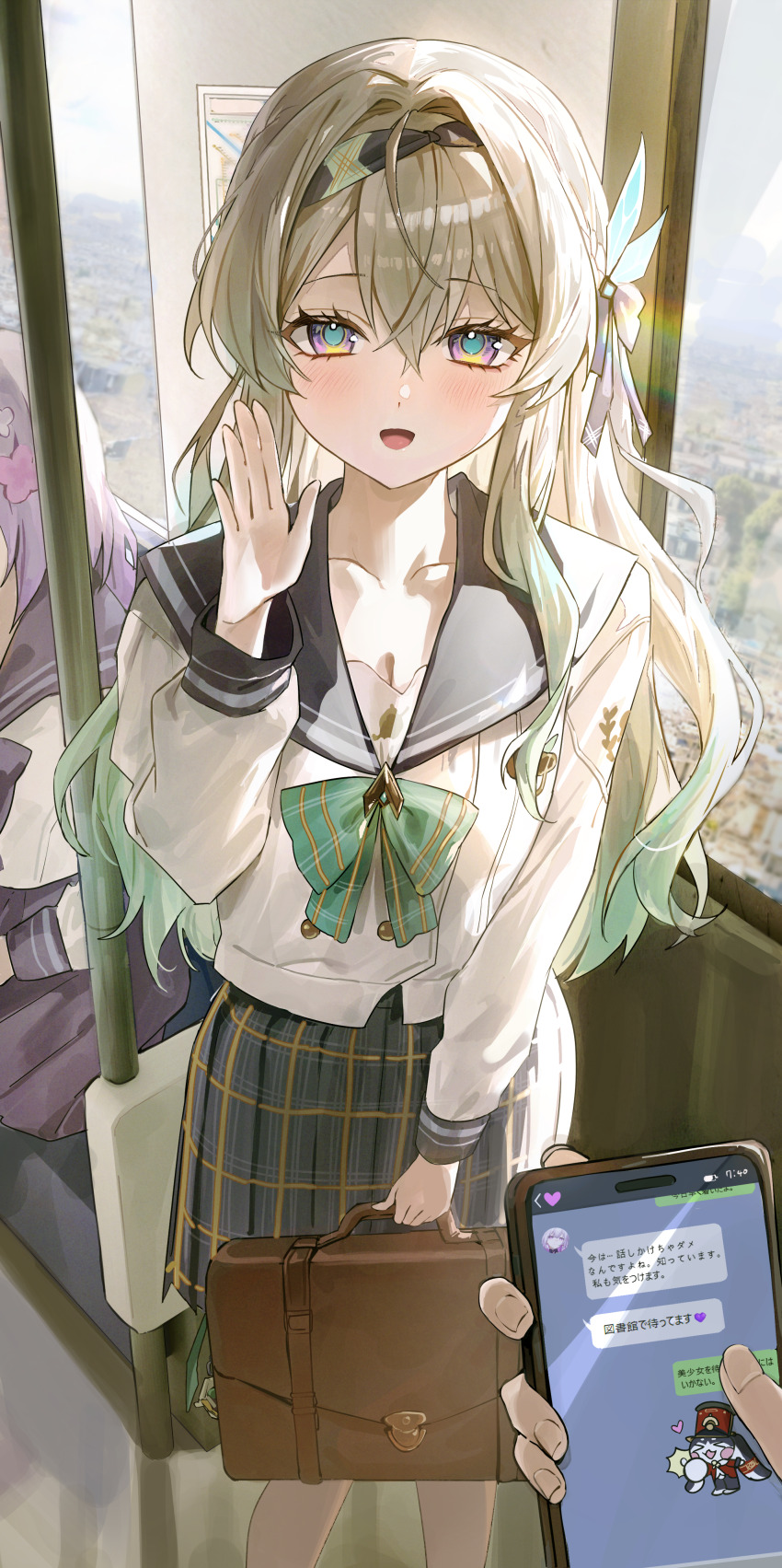 1other 2girls absurdres bag black_bow black_hairband blush bow bowtie brown_bag buttons castorice_(honkai:_star_rail) cellphone collarbone commentary double-breasted firefly_(honkai:_star_rail) firefly_(spring_missive)_(honkai:_star_rail) gradient_hair green_bow green_bowtie green_hair green_pupils grey_hair grey_sailor_collar grey_skirt hair_bow hair_intakes hairband hand_up highres holding holding_bag holding_phone honkai:_star_rail honkai_(series) long_hair long_sleeves looking_at_viewer multicolored_hair multiple_girls official_alternate_costume open_mouth phone pibag plaid_clothes plaid_skirt pov pov_hands purple_eyes sailor_collar school_bag shirt skirt smartphone smile solo_focus train_interior white_shirt