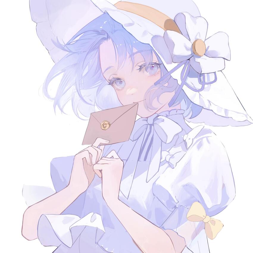 1girl bow bowtie closed_mouth commission dress envelope eyelashes fingernails floating_hair flower frilled_dress frilled_headwear frilled_sleeves frills hat hat_flower hat_ribbon highres holding holding_envelope lips looking_at_viewer original puffy_short_sleeves puffy_sleeves purple_eyes purple_hair purple_ribbon ribbon short_hair short_sleeves simple_background sleeve_bow smile solo sun_hat turtleneck turtleneck_dress upper_body watermark weibo_watermark white_background white_bow white_bowtie white_dress white_flower white_hat yellow_bow youlizi-yuri
