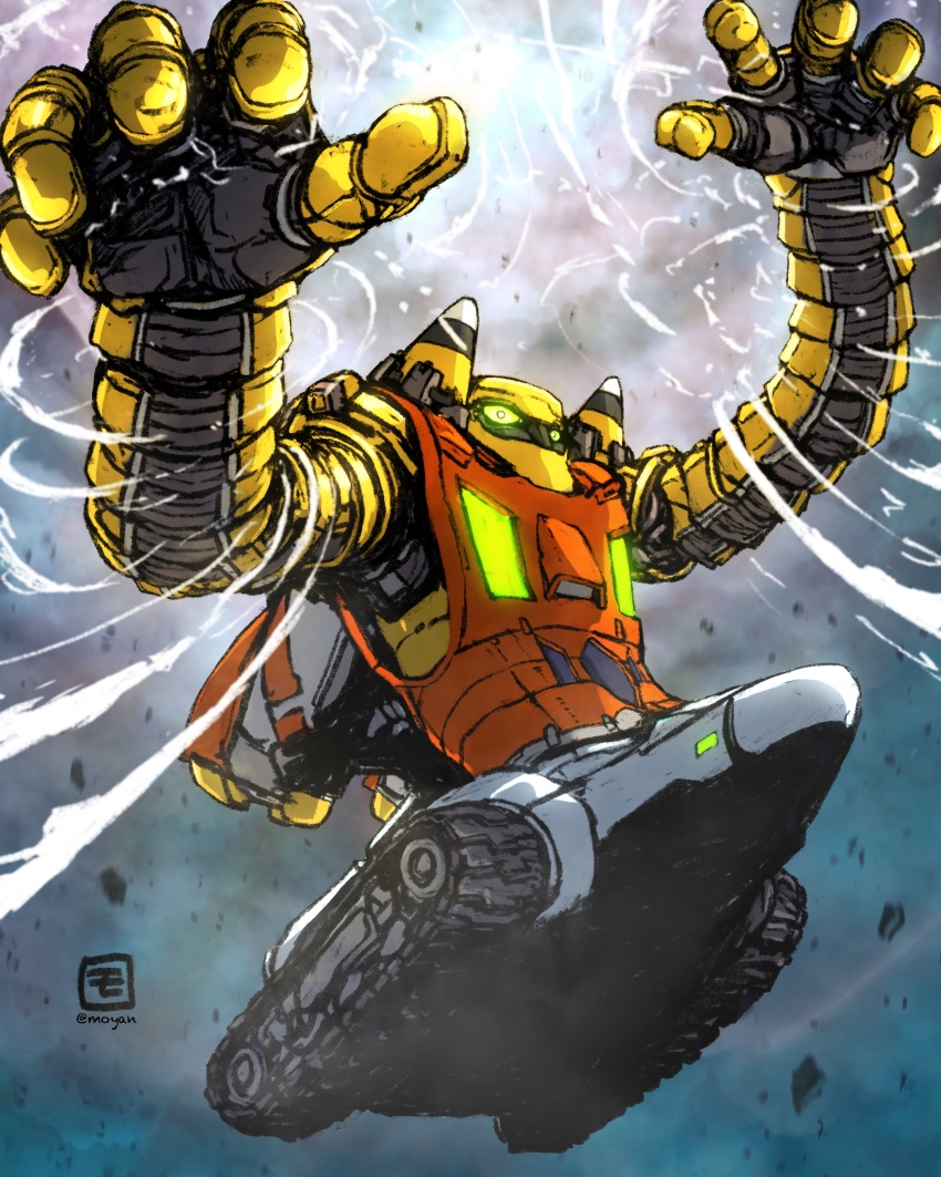 absurdres artist_name cloud cloudy_sky getter-3 getter_robo getter_robo_(classic) glowing glowing_eyes green_eyes highres mecha mecha_focus midair moyan open_hands procreate_(medium) robot science_fiction sky super_robot wind