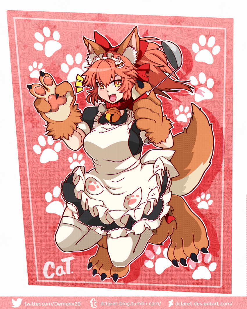 1girl ^^^ absurdres animal_ear_fluff animal_ears animal_hands apron bell breasts cat_paws collar commentary dclaret deviantart_username fangs fate/grand_order fate_(series) female_focus fox_ears fox_girl fox_tail gloves hair_ribbon highres holding holding_ladle huge_filesize jingle_bell ladle large_breasts long_hair neck_bell open_mouth paw_gloves paw_shoes pink_hair ponytail red_ribbon ribbon shoes solo tail tamamo_(fate) tamamo_cat_(fate) tamamo_cat_(second_ascension)_(fate) thighhighs tumblr_username twitter_username white_thighhighs yellow_eyes
