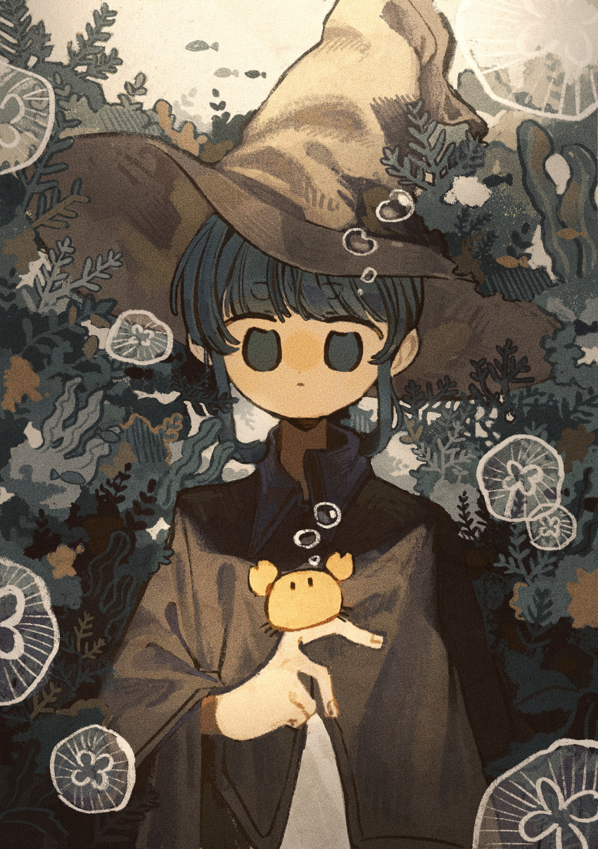 1girl absurdres ahoge_girl_(jimini_shijimi) air_bubble animal animal_on_hand aqua_collar aqua_eyes aqua_hair brown_cloak brown_hat bubble choppy_bangs cloak closed_mouth collared_shirt commentary_request coral crab dot_nose expressionless film_grain fingernails fish hat highres jellyfish jimini_shijimi looking_at_animal no_pupils original seaweed shirt sidelocks simple_background solo underwater upper_body white_background white_shirt witch_hat