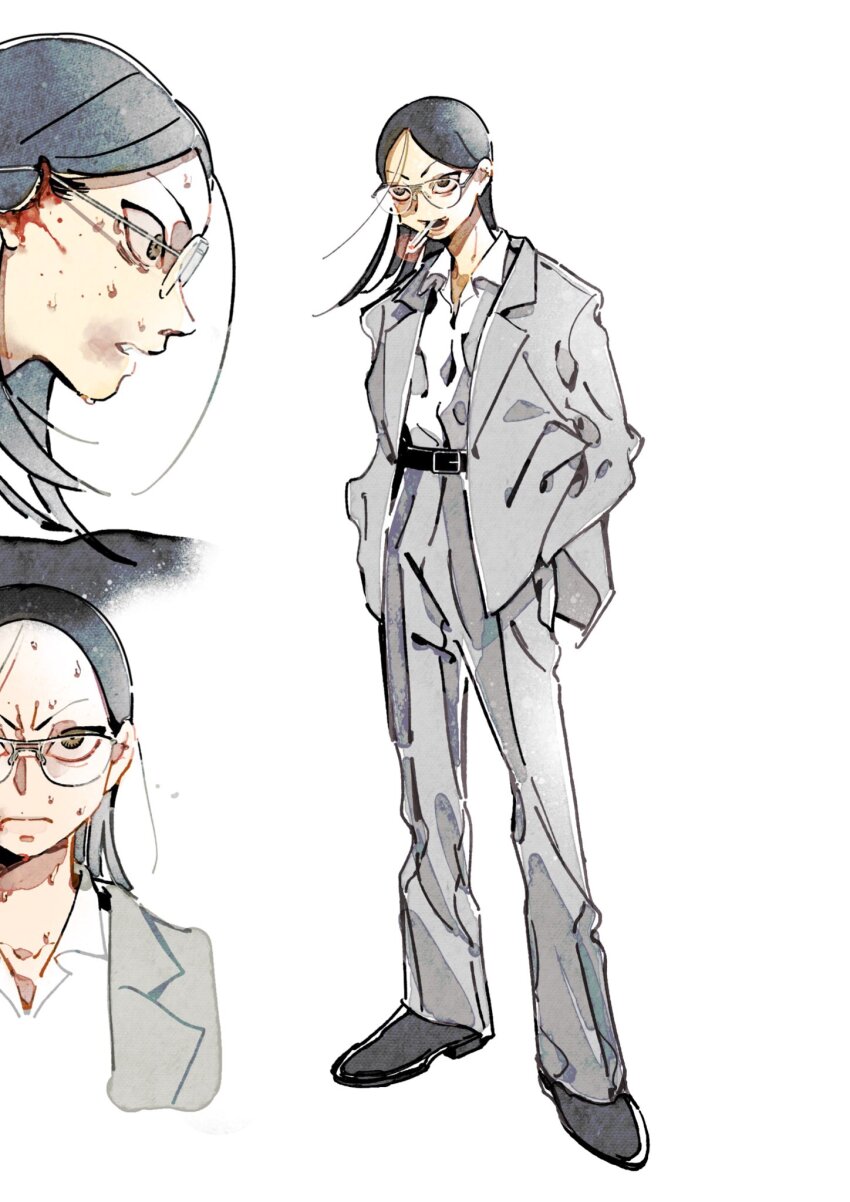 1girl 44zou belt black_belt black_footwear black_hair bleeding blood brown_eyes bruise bruise_on_face cigarette collared_shirt commentary_request dress_pants dress_shirt formal_clothes frown glaring glasses grey_jacket grey_pants grey_suit hands_in_pockets highres injury jacket jimoto_saikou lapels long_sleeves missing_ear mouth_hold multiple_views nara-san_(jimoto_saikou) open_clothes open_jacket pants parted_bangs shirt shirt_tucked_in shoes simple_background smoking standing suit sweat v-shaped_eyebrows white_background white_shirt