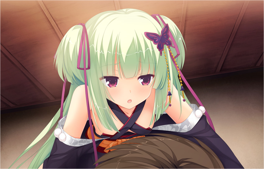 1boy 1girl :o arichi_masaomi bare_shoulders black_kimono blunt_bangs blunt_ends blush butterfly_hair_ornament criss-cross_halter eyes_visible_through_hair game_cg girl_on_top green_hair hair_ornament hair_ribbon halterneck indoors japanese_clothes kimono long_hair long_ribbon long_sleeves looking_to_the_side murasame_(senren) muririn non-web_source official_art open_mouth otogi_frontier pom_pom_(clothes) purple_ribbon red_eyes red_sash ribbon sash senren_banka sidelocks solo_focus straight_hair tsurime two_side_up upper_body variant_set wide_sleeves