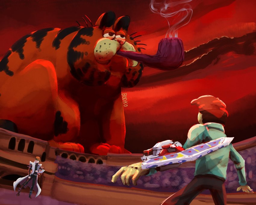 cat crossover duel_disk garfield garfield_(character) highres jon_arbuckle kaiba_seto meme parody stadium yu-gi-oh! yu-gi-oh!_duel_monsters
