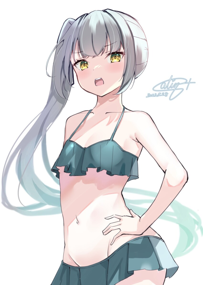 1girl bikini bikini_skirt black_ribbon blush brown_eyes calin green_bikini grey_hair hair_ribbon hand_on_own_hip highres kantai_collection kasumi_(kancolle) kasumi_kai_ni_(kancolle) kasumi_kai_ni_(swimsuit)_(kancolle) long_hair open_mouth ribbon side_ponytail solo swimsuit tsundere