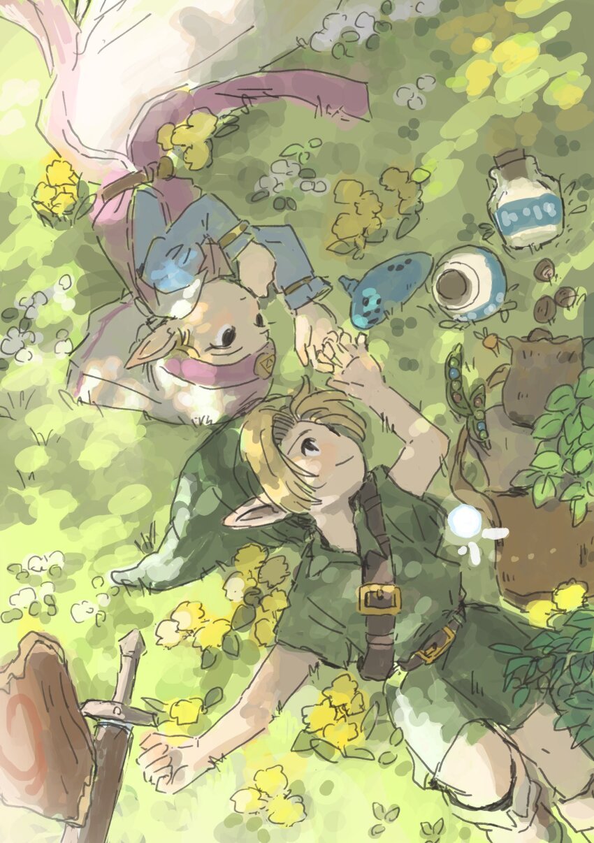 1boy 1girl bag beans belt blonde_hair boots bottle brown_belt brown_footwear child deku_shield dress green_hat green_tunic hat headdress hetero highres holding_hands instrument knee_up kokiri_sword link lon_lon_milk long_dress long_sleeves looking_up lying milk milk_bottle nintendo ocarina on_back on_grass on_side pointy_ears princess_zelda sheath sheathed shield short_sleeves shoulder_belt smile soraoyogusakana sword tabard the_legend_of_zelda the_legend_of_zelda:_ocarina_of_time tree_shade tunic weapon white_dress young_link young_zelda